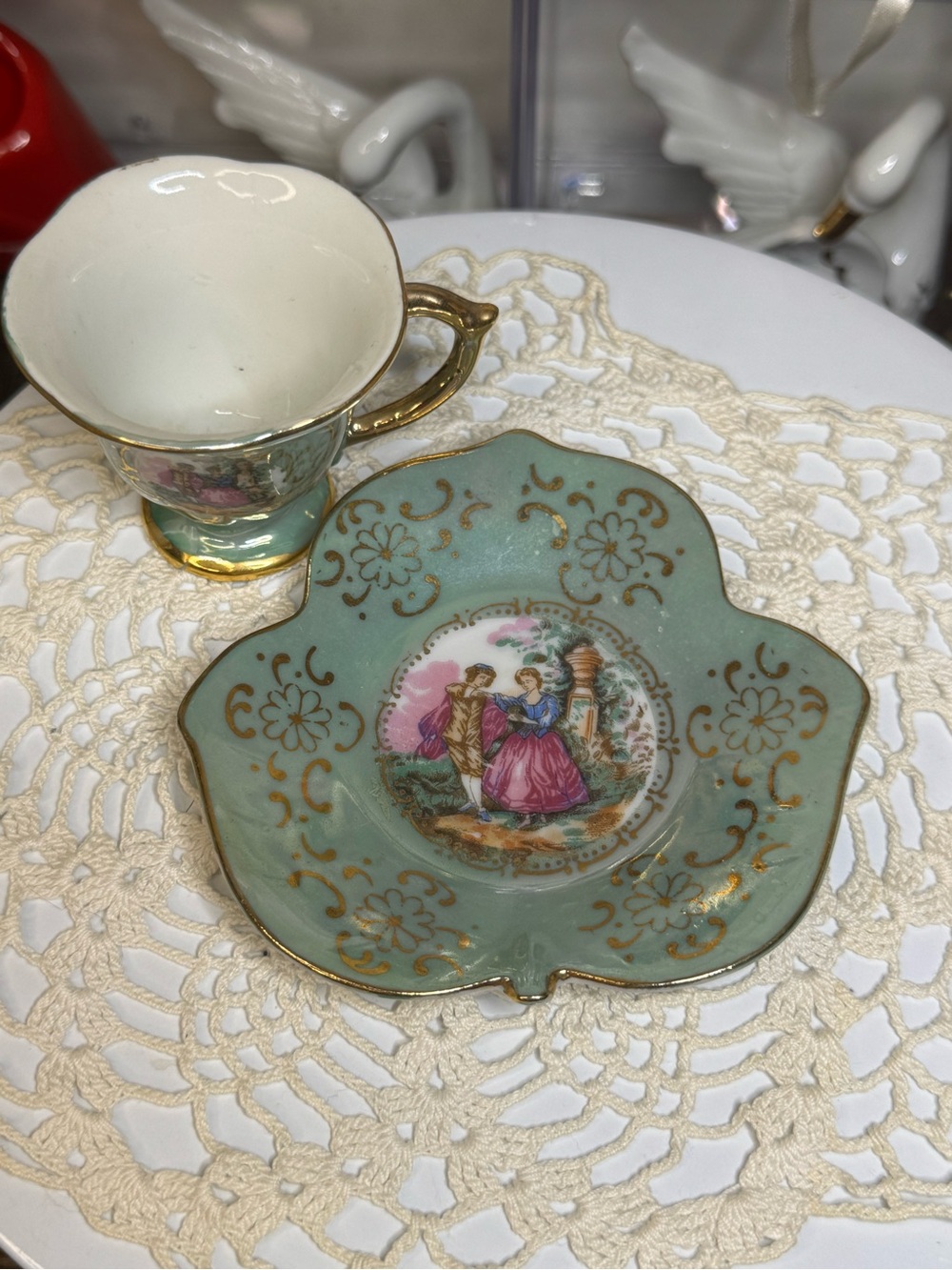 Vintage Porcelain Courting Couple Trinket Dish & Cup